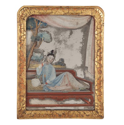Lot 163 - A fine Chinese export reverse painted mirror, Qing dynasty, Qianlong period