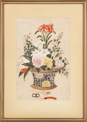 Lot 231 - A Chinese pith 'flower basket' painting, circle of Youqua (Chinese, active c. 1840-1870)