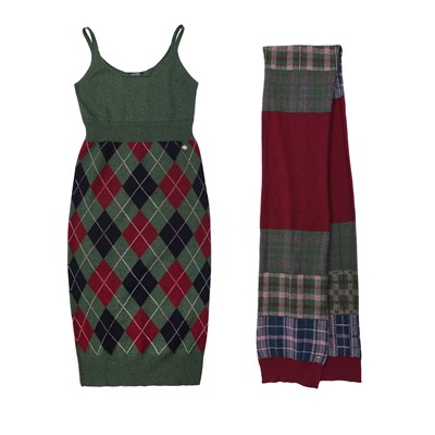 Lot 88 - Chanel Olive Cashmere Argyle Knit Dress and Scarf Set - Size 38