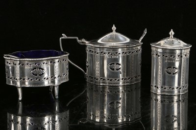 Lot 453 - A three pieced, hallmarked silver, cruet set...