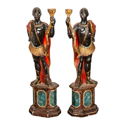 Lot 51 - A pair of Venetian carved and polychrome painted wood Blackamoor figures, late 19th century