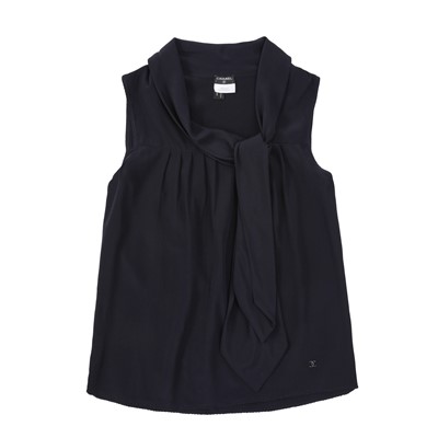 Lot 64 - Chanel Navy Silk Drape Tie Neck Blouse - Size 40