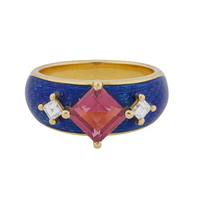 Lot 60 - A blue enamel, tourmaline and diamond ring