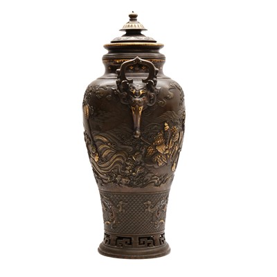 Lot 60 - A fine and large Japanese mixed-metal and bronze vase and cover, Meiji period