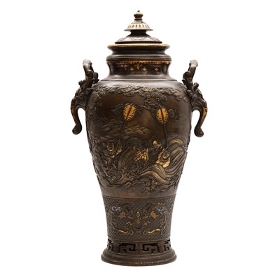 Lot 60 - A fine and large Japanese mixed-metal and bronze vase and cover, Meiji period