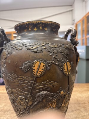 Lot 60 - A fine and large Japanese mixed-metal and bronze vase and cover, Meiji period