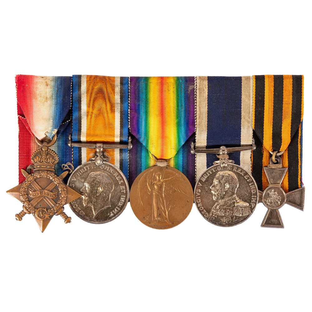 132 - Group, WWI Medal Trio, Long Service & Good Conduct Medal and Russian Cross of St. George,