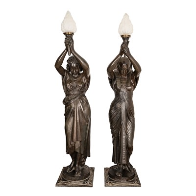 Lot 83 - A pair of French cast-iron figural torchères, after models by Mathurin Moreau (French, 1822-1912), early 20th century
