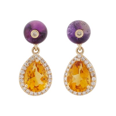 Lot 294 - A pair of amethyst, citrine, and diamond pendant earrings