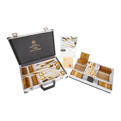 Lot 485 - A cased set of Solingen West German gold plated flatware