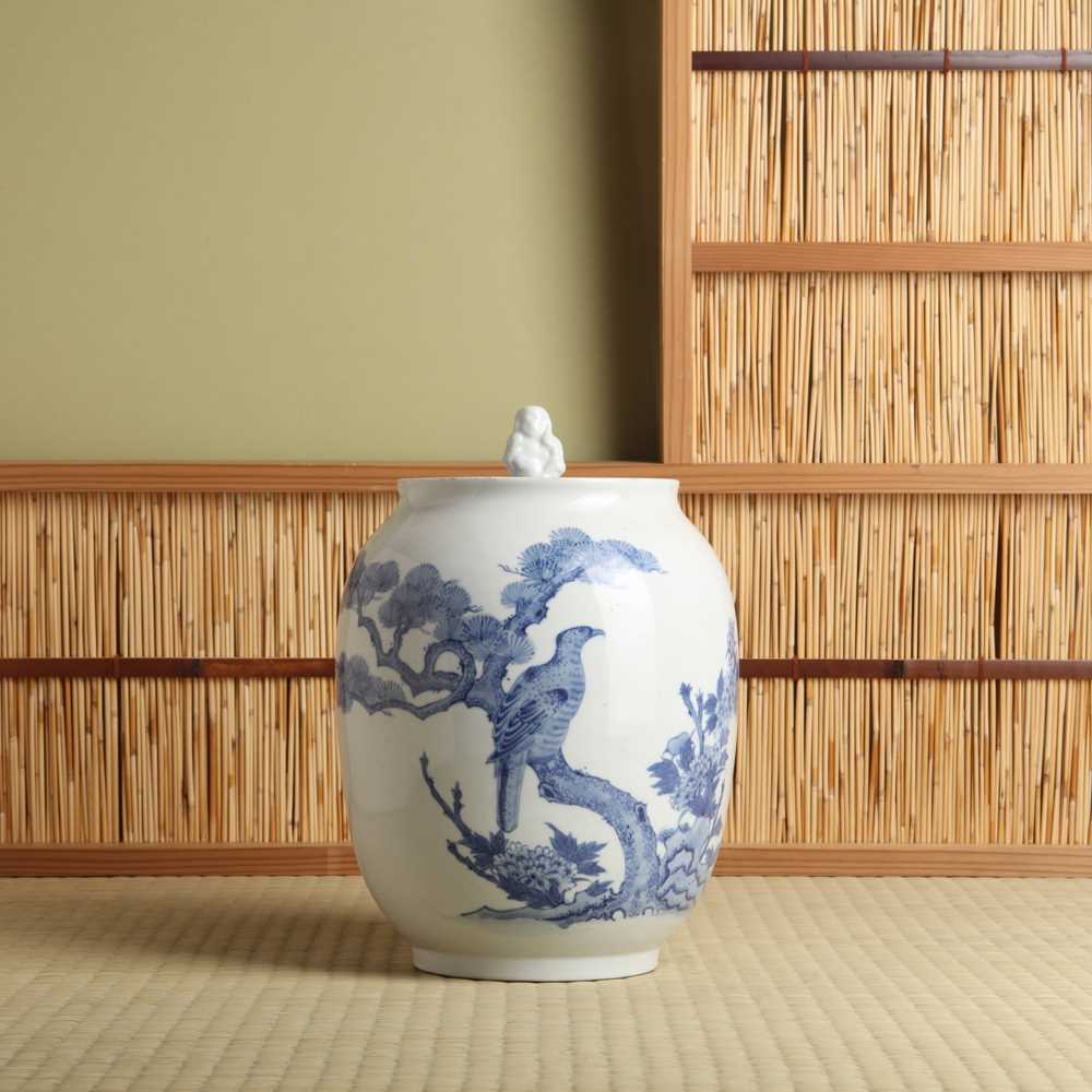 Lot 5 - A Japanese Hirado blue and white 'hawk' water jar (mizusashi), Meiji period