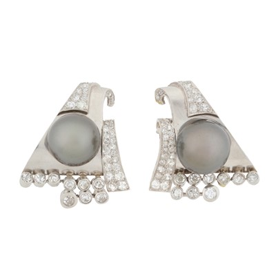 Lot 350 - A pair of cultured pearl and diamond earrings