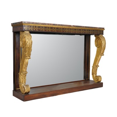 Lot 1 - A Regency revival rosewood, brass inlaid and parcel gilt mirrored console table
