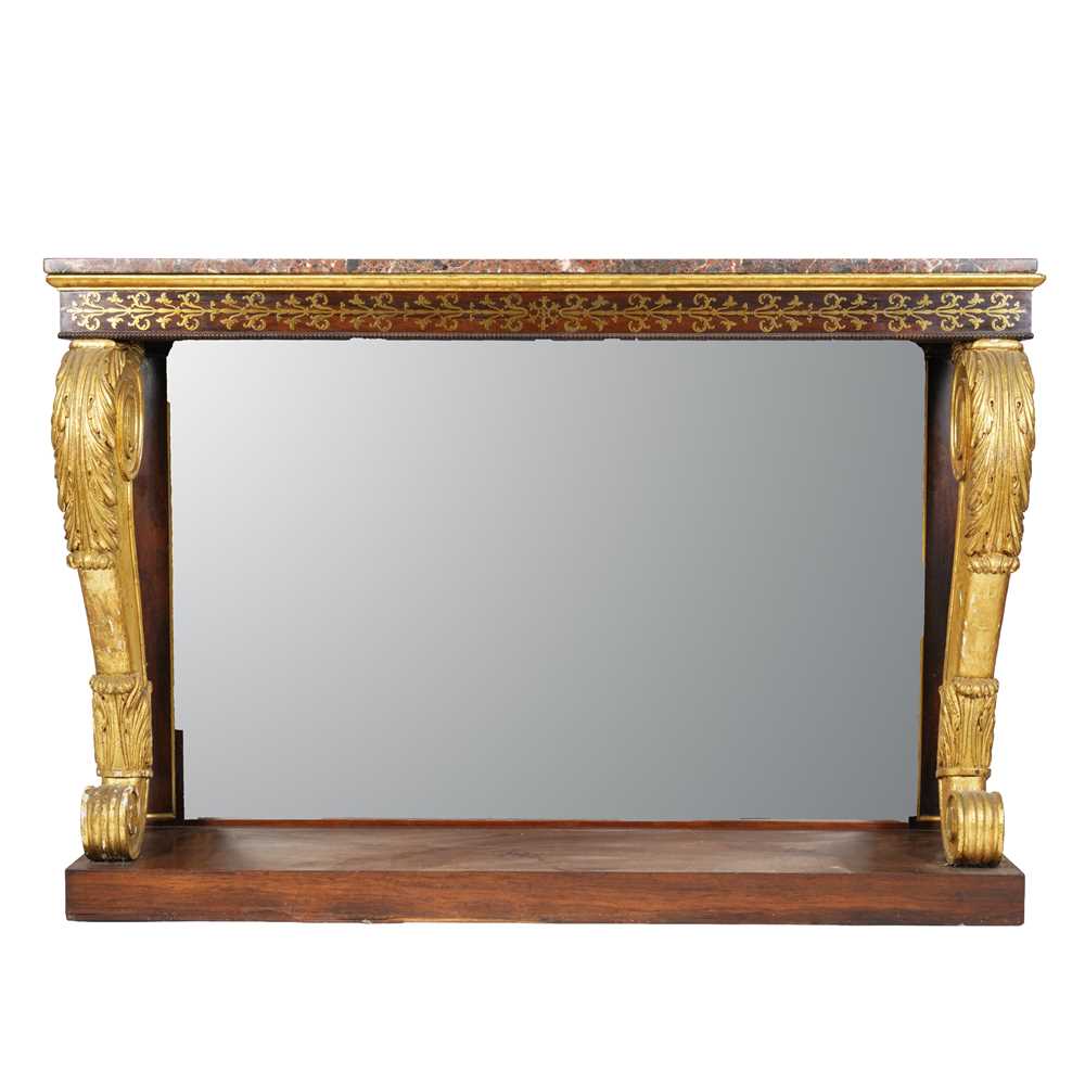 Lot 1 - A Regency revival rosewood, brass inlaid and parcel gilt mirrored console table