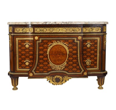 Lot 248 - A French Louis XVI style ormulu mounted marquetry inlaid breakfront commode