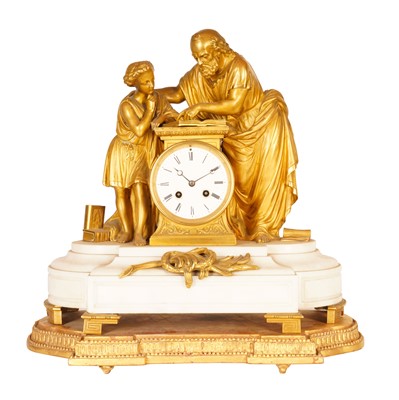 Lot 105 - A French ormolu and white marble mantel clock