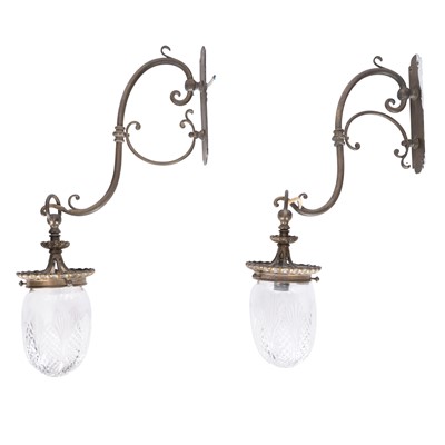 Lot 232 - A pair of Victorian brass wall lights with cut glass shades
