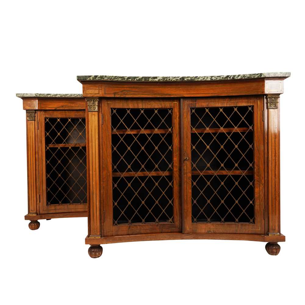 Lot 4 - A pair of Regency style rosewood and brass inlaid credenzas