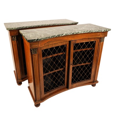 Lot 4 - A pair of Regency style rosewood and brass inlaid credenzas