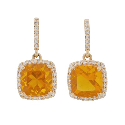 Lot 217 - A pair of fire opal and diamond pendent earrings