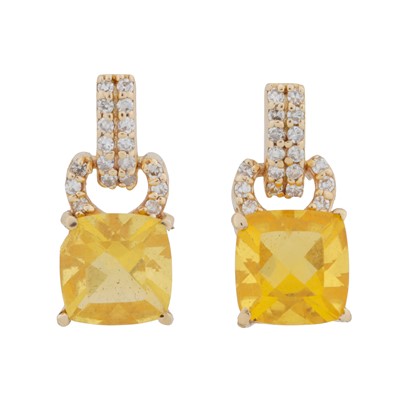 Lot 300 - A pair of fire opal and diamond pendent earrings