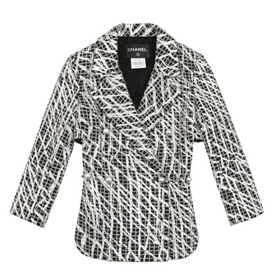 Lot 199 - Chanel Black Tweed Graffiti Backless Blazer - Size 34