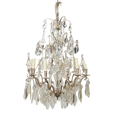 Lot 276 - A silvered metal and cut glass eight light, 20th century