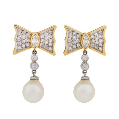 Lot 82 - Theo Fennell Ι A pair of cultured pearl and diamond pendent earrings