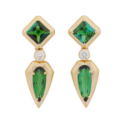 Lot 99 - A pair of tourmaline and diamond pendent earrings