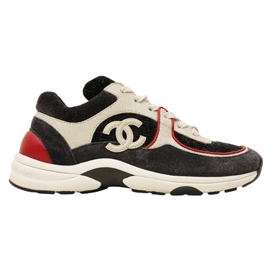 Lot 79 - Chanel Navy Tri Colour CC Runner Sneaker - Size 37