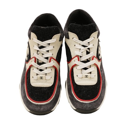 Lot 79 - Chanel Navy Tri Colour CC Runner Sneaker - Size 37