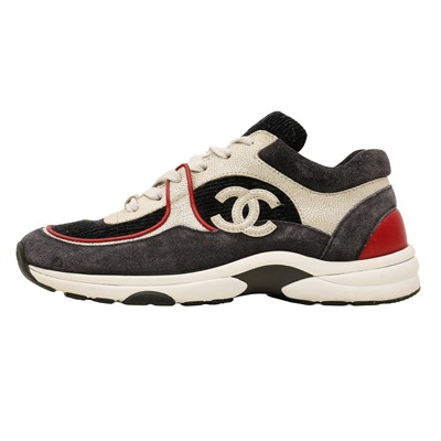 Lot 79 - Chanel Navy Tri Colour CC Runner Sneaker - Size 37