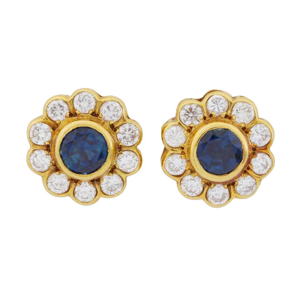 Lot 31 - A pair of sapphire and diamond flower stud earrings