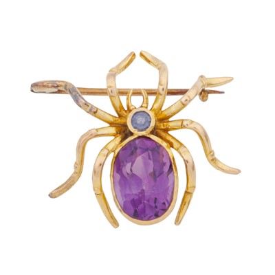 Lot 218 - An amethyst and sapphire spider brooch