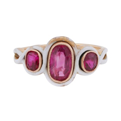 Lot 158 - A ruby and enamel three stone ring
