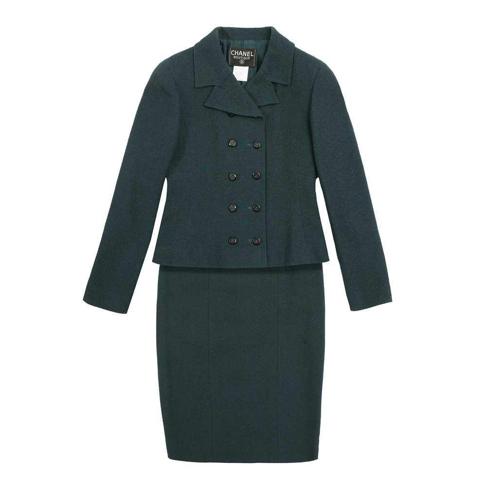 Lot 6 - Chanel Dark Green Wool Boucle CC Skirt Suit - Size 36