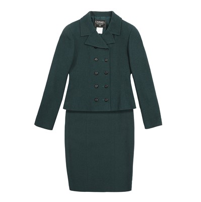 Lot 6 - Chanel Dark Green Wool Boucle CC Skirt Suit - Size 36