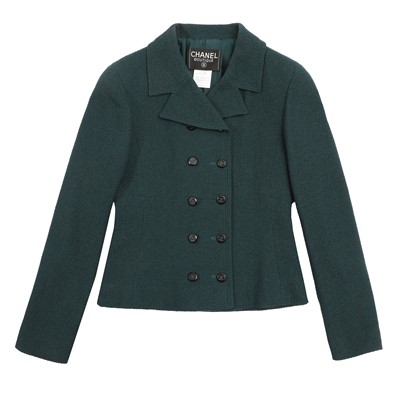 Lot 6 - Chanel Dark Green Wool Boucle CC Skirt Suit - Size 36