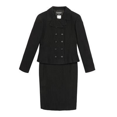 Lot 216 - Chanel Black Wool Boucle CC Skirt Suit - Size 36