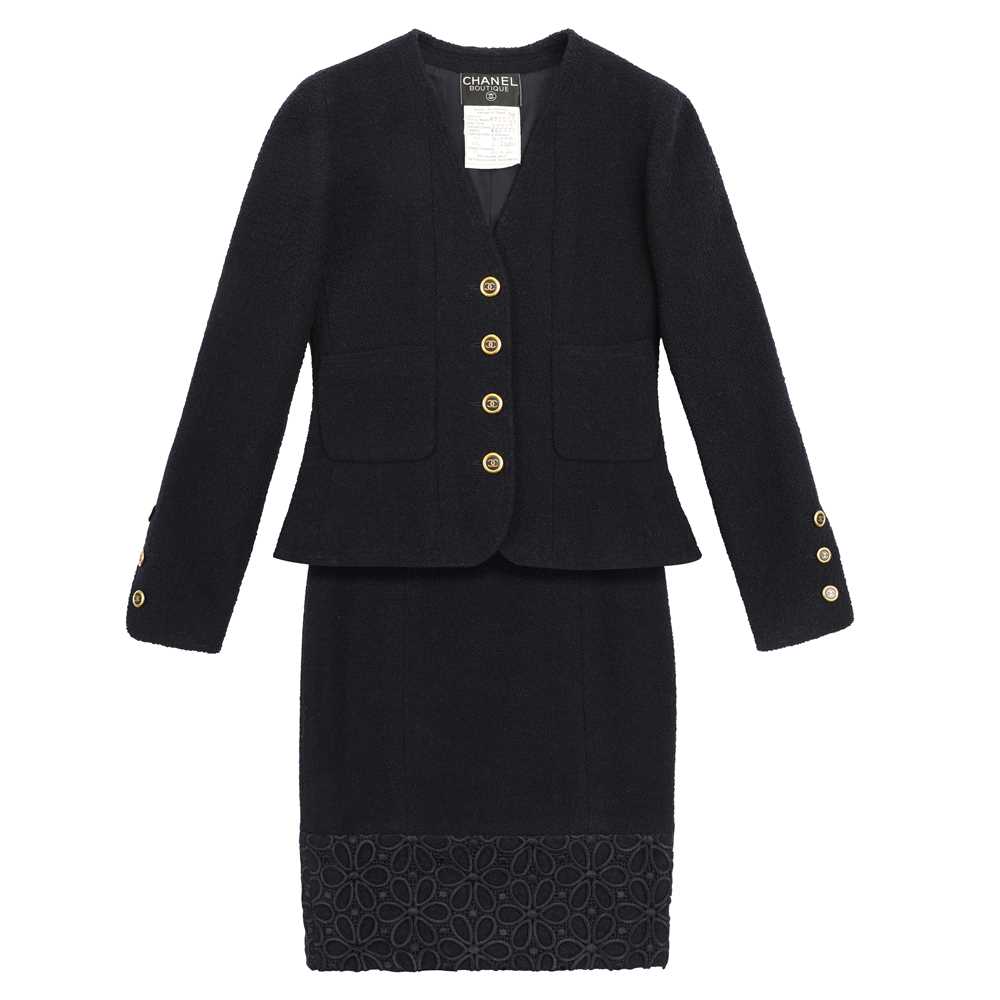 Lot 90 - Chanel Navy Wool Boucle CC Skirt Suit - Size 38