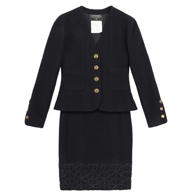 Lot 90 - Chanel Navy Wool Boucle CC Skirt Suit - Size 38