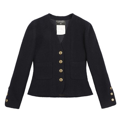 Lot 90 - Chanel Navy Wool Boucle CC Skirt Suit - Size 38