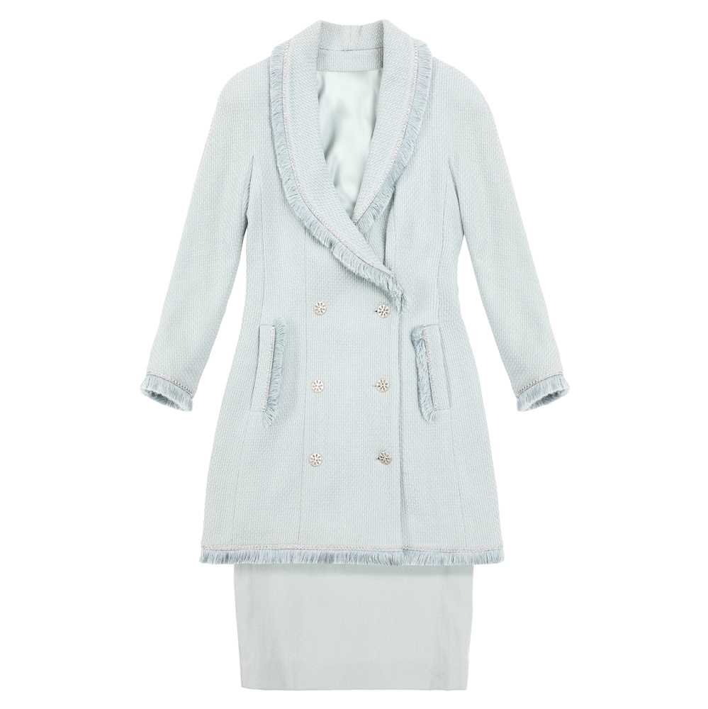 Lot 62 - Christian Dior Duck Egg Blue Tweed Skirt Suit - Size 36