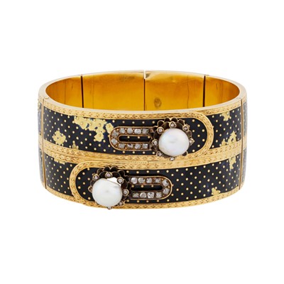 Lot 4 - An enamel, pearl and diamond bangle