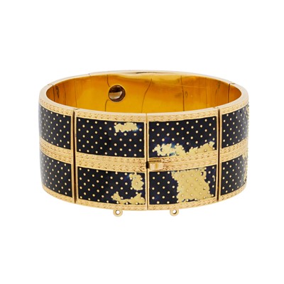 Lot 4 - An enamel, pearl and diamond bangle