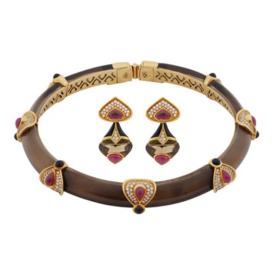 Lot 415 - Marina B Ι A smoky quartz, ruby, diamond, tourmaline and onyx choker and clip earring suite