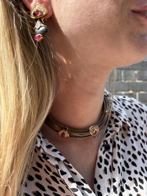 Lot 415 - Marina B Ι A smoky quartz, ruby, diamond, tourmaline and onyx choker and clip earring suite