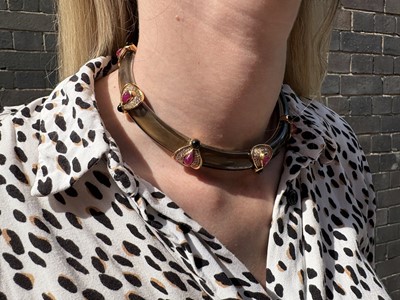 Lot 415 - Marina B Ι A smoky quartz, ruby, diamond, tourmaline and onyx choker and clip earring suite