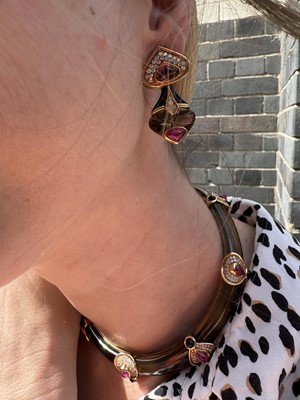 Lot 415 - Marina B Ι A smoky quartz, ruby, diamond, tourmaline and onyx choker and clip earring suite