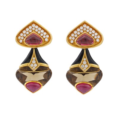 Lot 415 - Marina B Ι A smoky quartz, ruby, diamond, tourmaline and onyx choker and clip earring suite